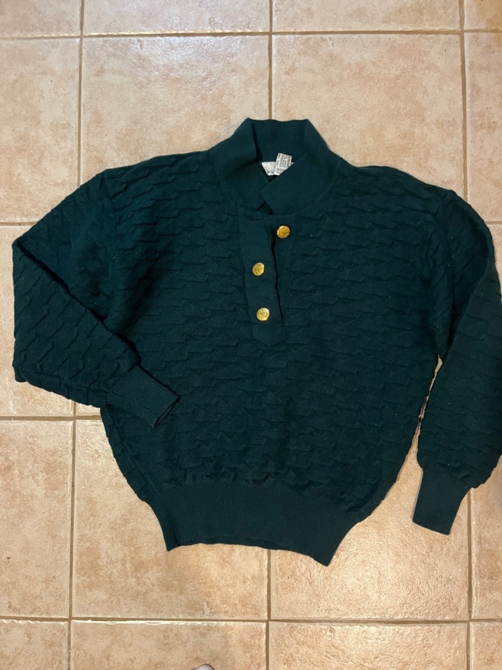 Vintage Dark Green Cable Knit Pullover Sweater with Gold Buttons